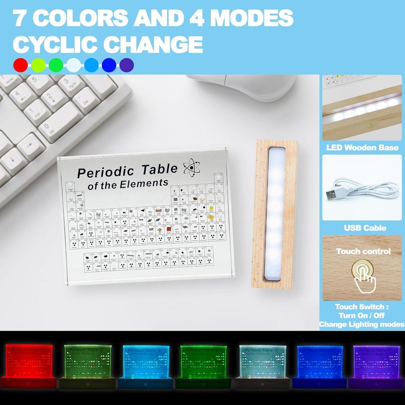 BEWITU Periodic Table with Real Elements Inside, Acrylic 3D Periodic Table of Elements with Cordless LED Wooden Stand, Chemistry Gifts for Kids Adults Science Lovers - Image 2